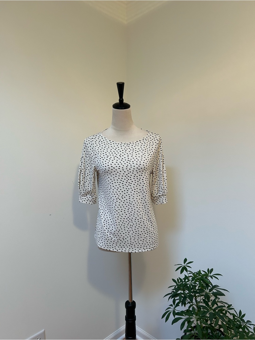 H&M Cream Blouse with Black Dot Print and Puff Elbow Sleeves